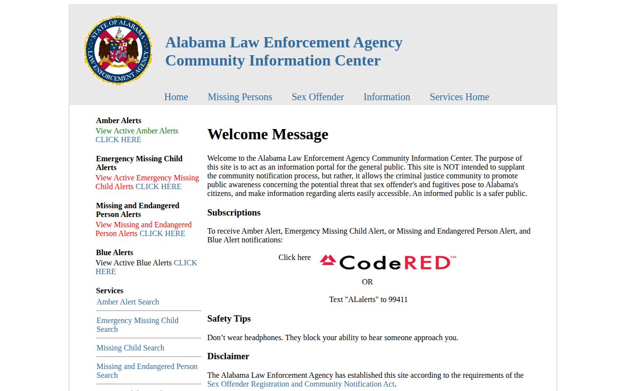 ALEA Community Information Center registry portal relevant to qualifying released offenders