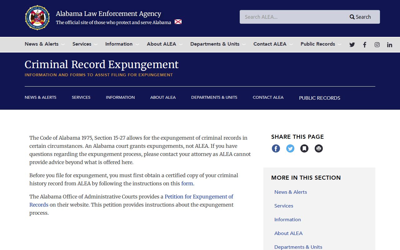 ALEA criminal record expungement page for Alabama booking-photo and record-removal context